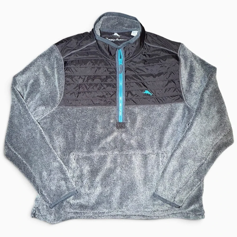 Tommy Bahama Mens XL Quarter Zip Fleece Pullover Quilted Yoke Grey Heathered